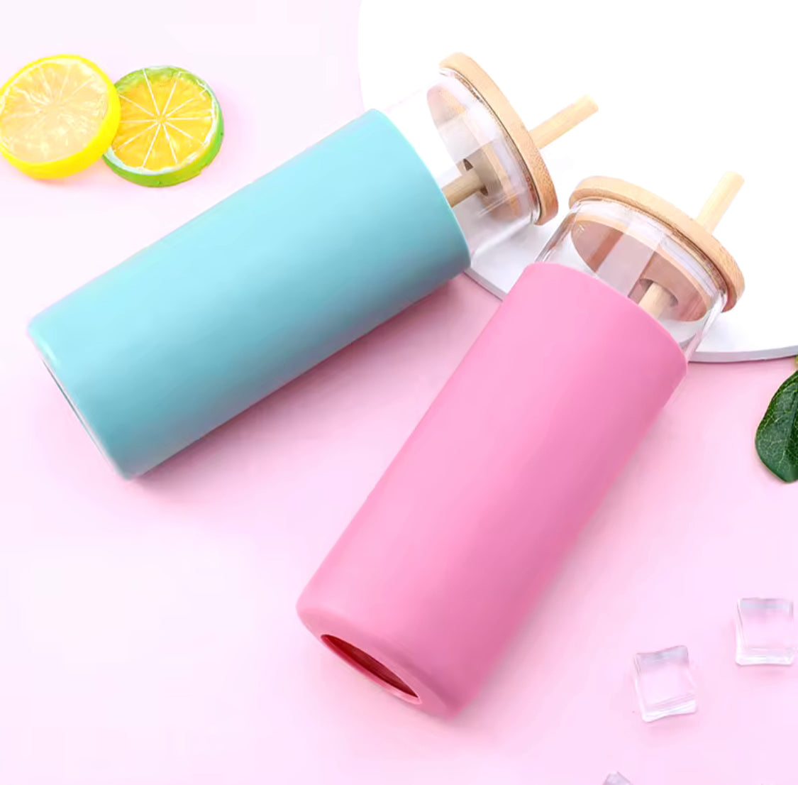 500ML Tumbler Glass Water Bottle, Silicone Bamboo Glass Cup with Straw, High Borosilicate Glass Water Bottle 500ML Tumbler Glass Water Bottle, Silicone Bamboo Glass Cup with Straw, High Borosilicate Glass Water Bottle
